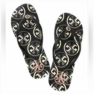 TORY BURCH Thin Thong Stacked T LOGO Flip Flops Black w/ Grey and White SIZE 7